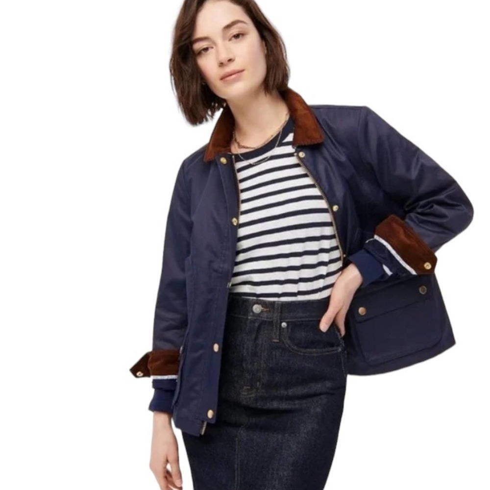 J Crew X Liberty Fabric Barn Jacket Navy Blue Long Sleeve Zip & Button Up M TALL